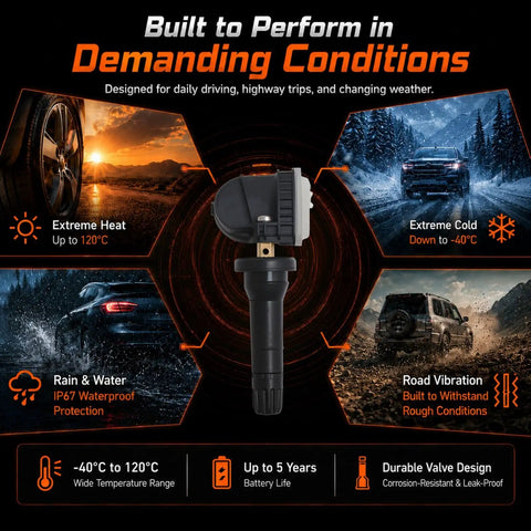 Straight Up Keep Your Setup Tight With This Fresh Set Of Four Preprogrammed TPMS Tire Pressure Monitoring Sensors At 315Mhz showing features for heat, cold, rain protection, and durability.