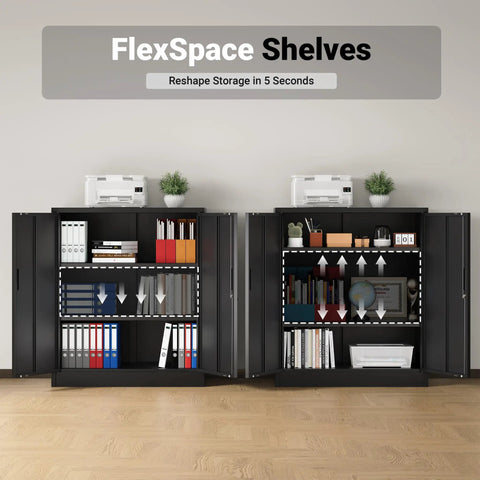 Heavy Duty Metal Storage Cabinet With Locking Doors And Adjustable Shelves, 36 Inch Tall Steel Cabinet, black finish, office use