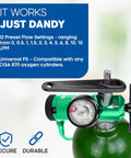 KOKAND oxygen regulator with gauge mounted on a green oxygen cylinder