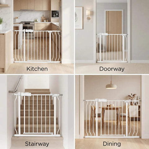 Narrow Baby Gate For Small Dogs 24 Inch White Pressure Mounted Indoor Safety Auto Close Walk Through Metal Gate in kitchen doorway
