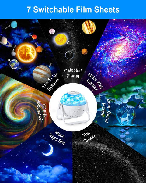 7 In 1 Galaxy Star Projector For Kids Room Vibe Creator showing 7 switchable film sheets with celestial themes.