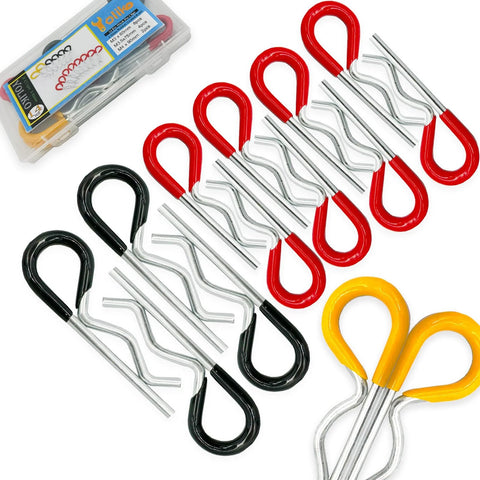 14-piece hitch pin clip set with rubber-coated R-clips in red, black, and yellow (M3x60, M3.5x75, M4x90)