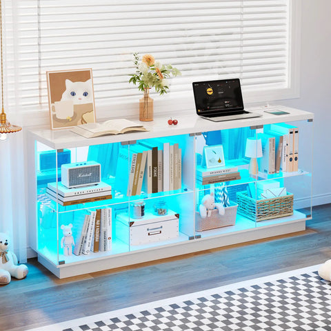 Glass Display Cabinet With Charging Station And RGB Lighting 59 Inch in a modern living room with collectibles and tech on display