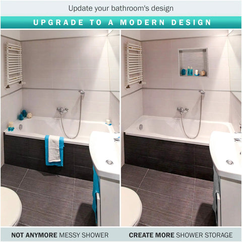 Bathroom comparison with 12 By 12 Inch Shower Niche In Brushed Nickel Stainless Steel for neat storage on right, messy shower left