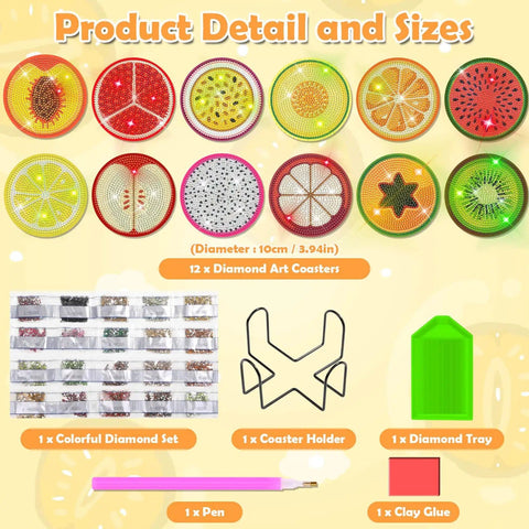 Diamond Art Coaster Kit With Holder, 12 Piece DIY Diamond Dot Coasters For Adults And Newbies, Includes Cork Bases, Colorful Diamonds, Glue, Pen, Tray, Holder And All Accessories, Fruit Style Craft Project