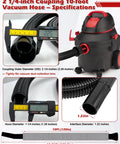 Heavy Duty 10 Ft Vacuum Hose Replacement With 2.25 In Cuff And 1.25 In Diameter, Universal Fit For Shop Vac, Craftsman, Ridgid Wet Dry Vacs, Upgraded Seal And Durability details shown with measurements and hose attachment.