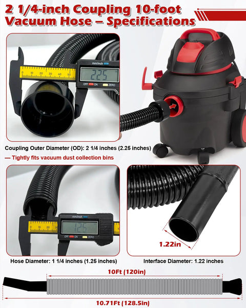 Heavy Duty 10 Ft Vacuum Hose Replacement With 2.25 In Cuff And 1.25 In Diameter, Universal Fit For Shop Vac, Craftsman, Ridgid Wet Dry Vacs, Upgraded Seal And Durability details shown with measurements and hose attachment.