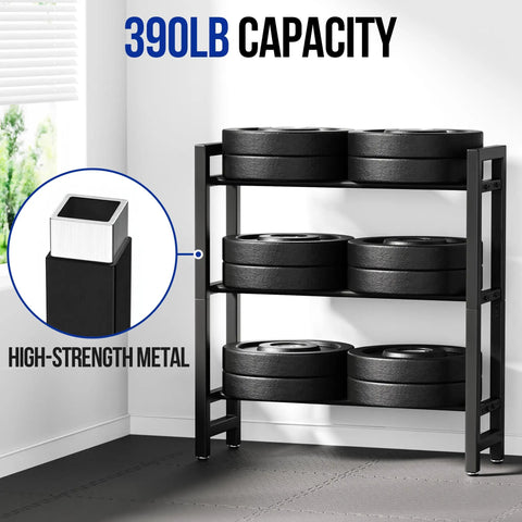 Heavy Duty 3 Tier Dumbbell Rack For Home Gym Featuring Adjustable Width Shelves Holds Up To 390 Pounds, showing weights stored on a metal frame.