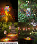 Outdoor Mosaic Lanterns Solar Powered Hanging Lights in garden setting, showcasing warm white glow and decorative red mosaic design.