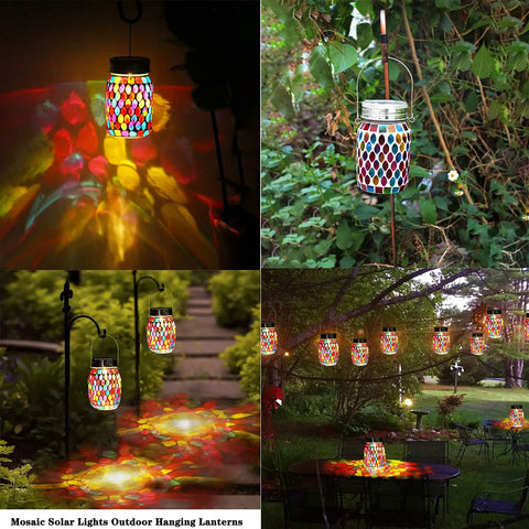 Outdoor Mosaic Lanterns Solar Powered Hanging Lights in garden setting, showcasing warm white glow and decorative red mosaic design.