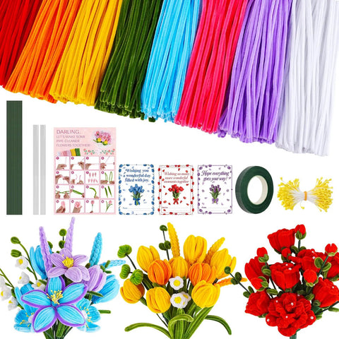 800 Pieces Pipe Cleaners Flower Kit For DIY Crafts With 8 Color Thick Chenille Stems, greeting cards, floral wires, tape, stamens, glue.
