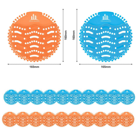 Odor Bustin Urinal Screen Mats With Splash Guard For Clean Restrooms, Long Lasting Freshness, 20 Pack, Ocean Blue and Tangerine Orange