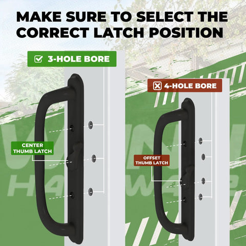 Top Tier 10 Inch Black Pull Handle Set For Sliding Patio Glass Doors With Center Latch Replacement displayed with latch positions.