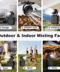 Outdoor Portable Misting Fan With 9L Water Tank And 20000mAh Battery Three Speed Wind And Three Spray Mister Built In Light 80 Degree Oscillation All Day Chill For Camping Garage Or Patio used in multiple scenarios like garage, camping, and patio.