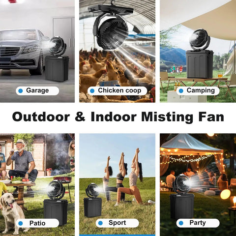 Outdoor Portable Misting Fan With 9L Water Tank And 20000mAh Battery Three Speed Wind And Three Spray Mister Built In Light 80 Degree Oscillation All Day Chill For Camping Garage Or Patio used in multiple scenarios like garage, camping, and patio.