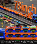 24 Die Cast Cars Included Transport Truck Toy For Kids Ages 3 To 7 with built-in 78-inch race track on display