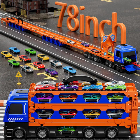 24 Die Cast Cars Included Transport Truck Toy For Kids Ages 3 To 7 with built-in 78-inch race track on display