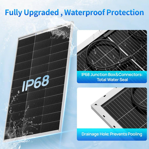 400W Monocrystalline Solar Panel Kit With Four 100W Panels 18V Output showing IP68 waterproof features and drainage design