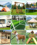 Various outdoor setups including tent, swing set, trampoline, RV awning, soccer net, umbrella, kennel, dog, and playset for Trampoline Anchors Kit 4 Pack With 18-Inch Ground Stakes, Ratchet Straps, T-Handle, Hex Wrench and Carabiners for RV Awnings, Swing Sets, and Outdoor Gear Security Built To Last.