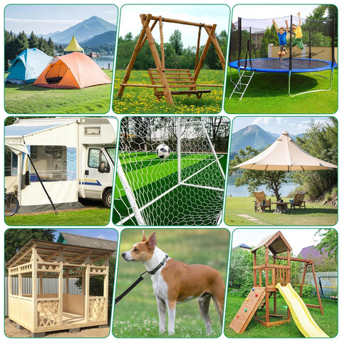 Various outdoor setups including tent, swing set, trampoline, RV awning, soccer net, umbrella, kennel, dog, and playset for Trampoline Anchors Kit 4 Pack With 18-Inch Ground Stakes, Ratchet Straps, T-Handle, Hex Wrench and Carabiners for RV Awnings, Swing Sets, and Outdoor Gear Security Built To Last.