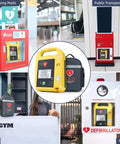 Yellow handheld AED defibrillator with display screen and handle, with black carrying case.