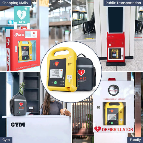 Yellow handheld AED defibrillator with display screen and handle, with black carrying case.