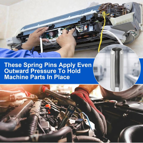 50 Pack Slotted Spring Pins Made From Rock Solid 304 Stainless Steel Sized At 5 64 X 5 16 Inch With A Slick Silver Finish shown in use for machinery service.