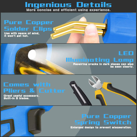 2 In 1 Plastic Welder And Hot Stapler Repair Kit with Smoothing Tips, close-up of copper clips, LED lamp, pliers and cutter.