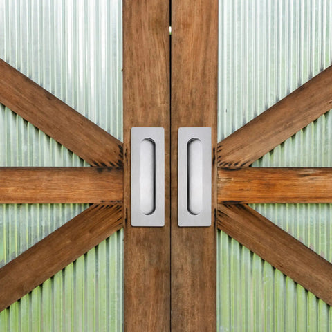 Dead Simple Seven Inch Recessed Pocket Door Pull With Rock Solid Rust Proof Brushed Stainless Steel Slide Grip Handle For Easy Glide Barn Doors And Tight Cabinet Installations on wooden barn doors.