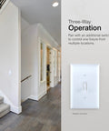 Three-Way Grounding Toggle Switch In-Wall On And Off For Fans And Lights, 15 Amp, UL Listed, White, easy install shown on wall.