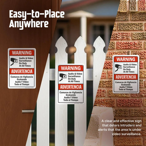 Warning Audio And Video Surveillance Sign On Duty At All Times Bilingual 7x10 Aluminum Outdoor Sign on door, fence, brick wall