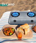 35000 BTU Two Burner Propane Gas Stove Cooktop For Outdoor Camping on beach with food and drink