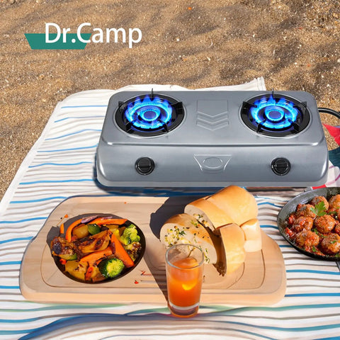 35000 BTU Two Burner Propane Gas Stove Cooktop For Outdoor Camping on beach with food and drink
