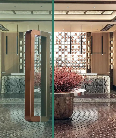 Heavy Duty Built To Last Back To Back Barn Door Handle Set For Sliding Doors And Gates Rose Gold Rectangle Push Pull Bar With Hardware Commercial Grade Knobs And Pulls For Wood Or Glass Doors Sixteen And Three Quarter Inches Long on glass door