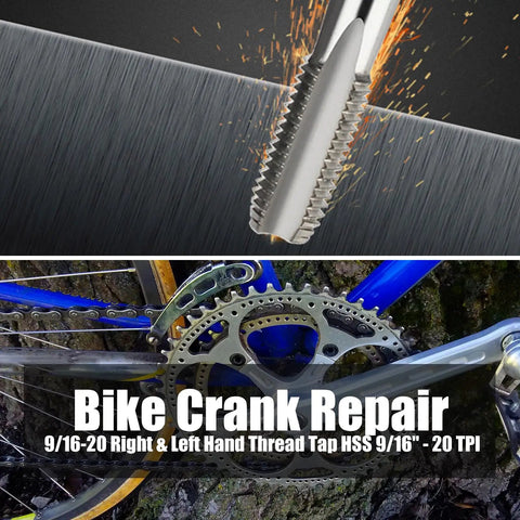 Nine Sixteenth Inch HSS Tap Set For Bicycle Crank Repair showing a close-up of the tap threading and a bike crank setup, 20 TPI