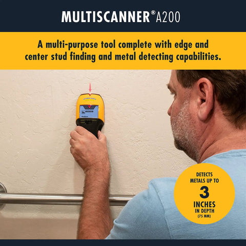 Person using MultiScanner A200 Electronic Wall Scanner Stud Finder And Metal Detector With Live AC Wire Detection on wall