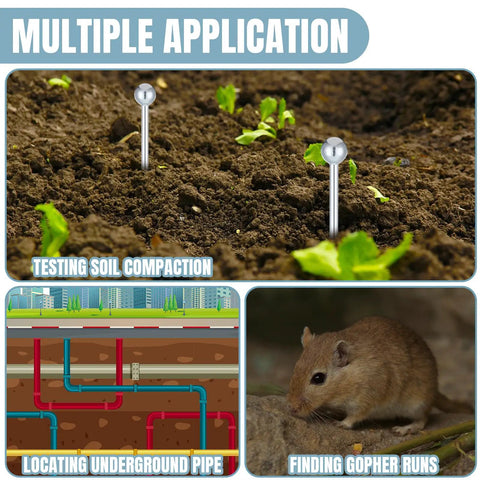 Diagram showing 14 Inch Stainless Steel Soil Sampler Probe For Lawn Garden Farm Deep Soil Sampling Heavy Duty Probe With Moisture Meter Compatibility Probing Tool For Underground Soil Testing Septic Tank Locating And Analysis used in various applications including soil compaction testing, underground pipe locating, and gopher run finding.