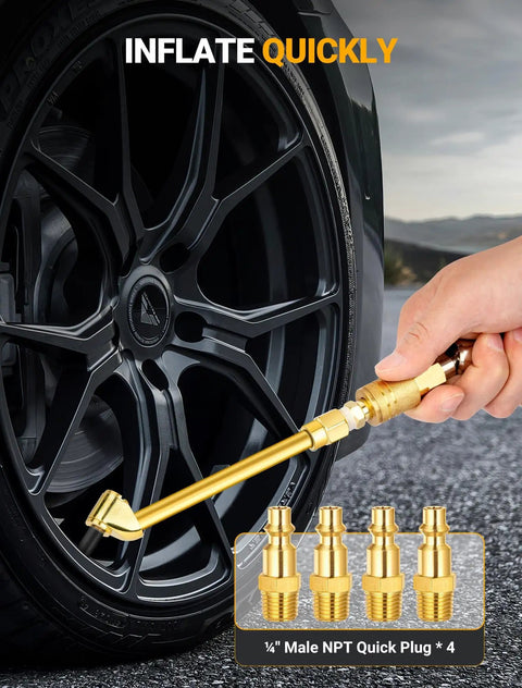 Inflating car tire with 2 Pack Heavy Duty Air Chuck Set With Dual Head And Ball Chuck 1/4 Inch NPT Closed Flow.