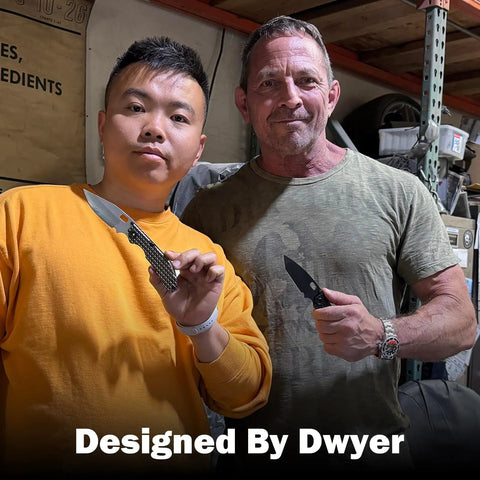 Two men holding knives in workshop, showcasing the Duane Dwyer Collaboration Folding Knife 3.54 Inch CPM S35VN Blade Titanium Alloy Handle