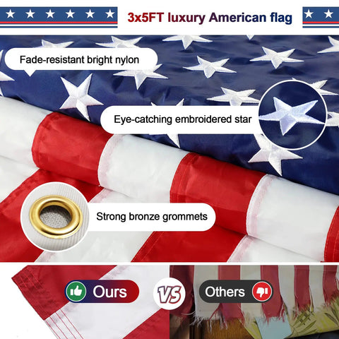 Five Foot Heavy Duty Outdoor Flag Pole Kit With 3x5 Embroidered US Flag No Hassle Tangle Free Rings Stainless Steel Pole Bracket Holder Includes All Mounting Hardware Black close-up of flag material with embroidered star and grommets