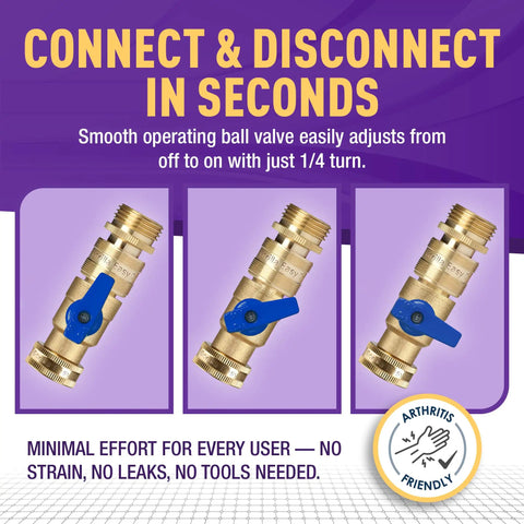 Easy Connect Garden Hose Quick Connect Fittings With Ball Valve Three Quarter Inch Solid Brass GHT Compatible display