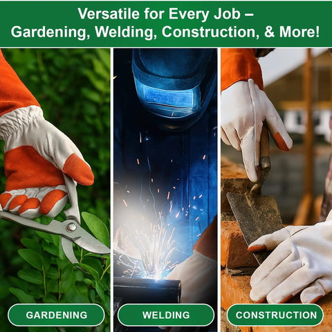 Collage showing Long Sleeve Leather Gardening Gloves For Women And Men, Thornproof Puncture Resistant Cowhide Work Gloves For Heavy Duty Yard Work, Pruning, Landscaping, Welding, And Construction Tasks.
