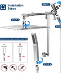 Installation steps for All Metal 8 Inch Rain Shower Head With Handheld Spray, showing adjustable arm and connections.