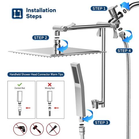 Installation steps for All Metal 8 Inch Rain Shower Head With Handheld Spray, showing adjustable arm and connections.