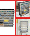 39 Drawer Plastic Small Parts Organizer with desktop or wall storage, showing black durable stackable bins with removable compartments.