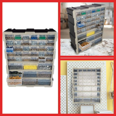 39 Drawer Plastic Small Parts Organizer with desktop or wall storage, showing black durable stackable bins with removable compartments.