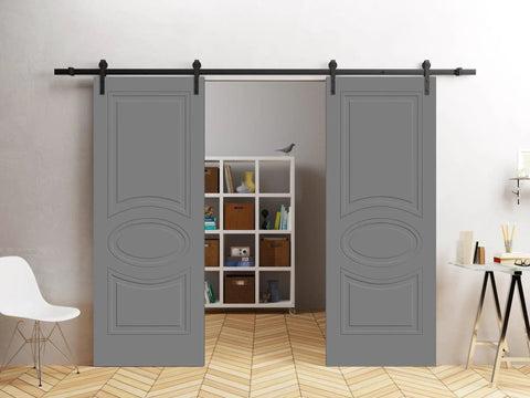 Modern Double Barn Door 84 By 96 Inches Painted Grey With 13 Ft Rail Track Set in a living room setting