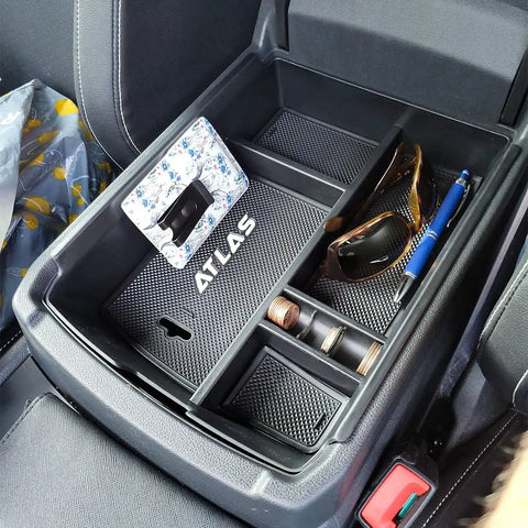 Atlas Cross Sport Center Console Organizer Tray with compartments for sunglasses and pen, ABS black, non-slip base, accessory storage 2018-2023