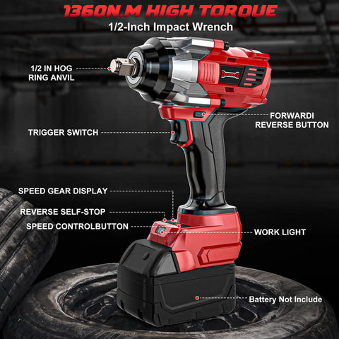Badass Cordless Impact Wrench For Fast Car Tire Fixes Featuring Knockout Torque And Slick Four Speed Modes With Bright Built In Work Light Bare Tool Compatible With Milwaukee 18V Batteries on tires.