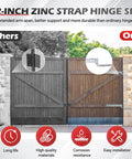 Comparison of two barn gates with 12-inch zinc strap hinges demonstrating improved support and durability, highlighting installation detail.